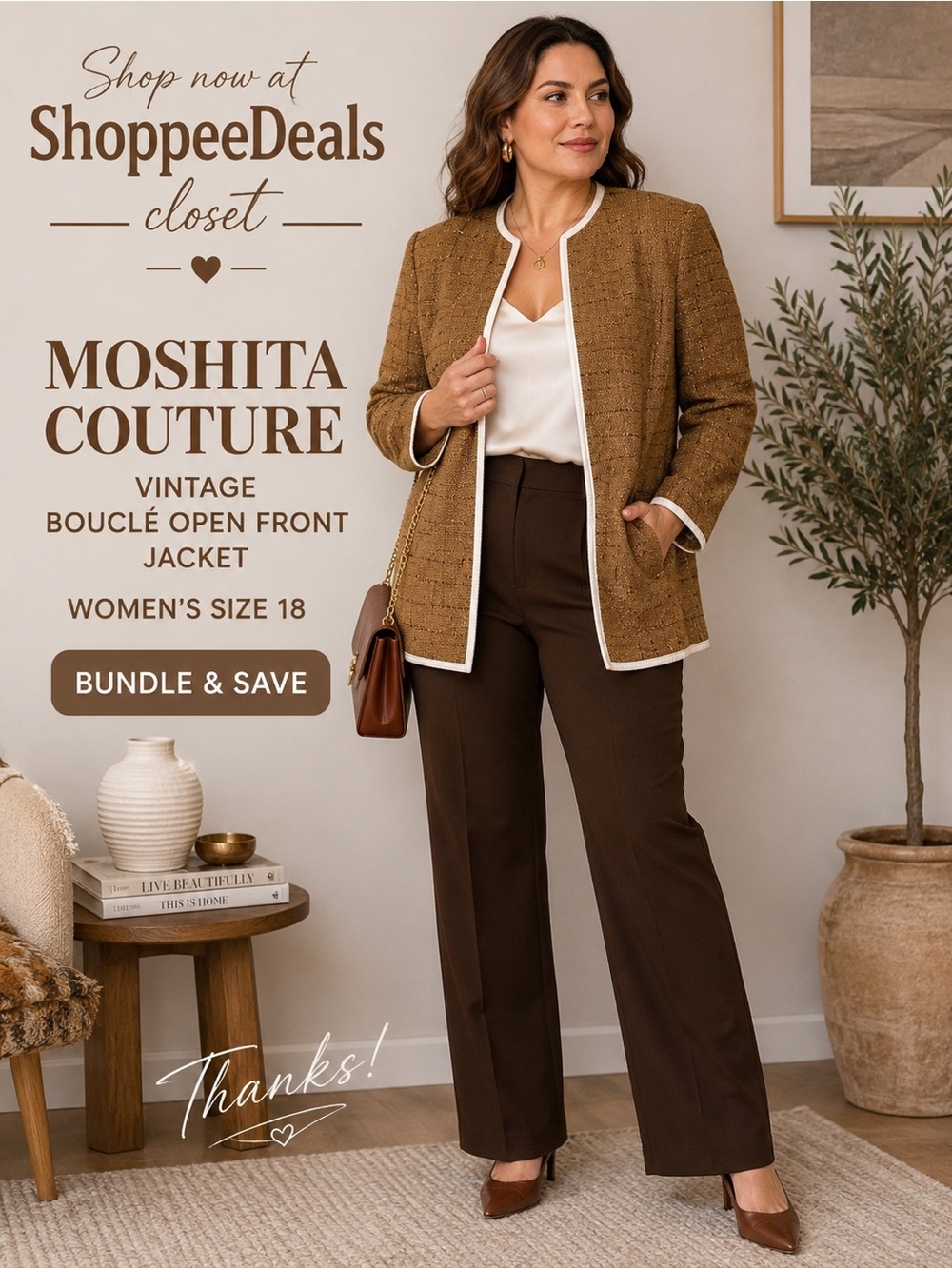 Moshita Couture Vintage Bouclé Open Front Jacket – Women’s Size 18 – Camel Brown